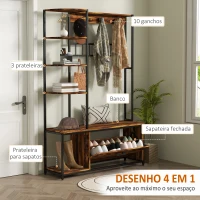 HOMCOM Móvel Cabide de Entrada com Sapateira Móvel de Entrada com Banco Prateleiras e Ganchos  120x35x180 cm Marrom Escuro(m-4)