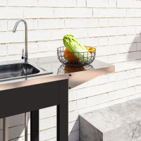 Outsunny Grillwagen Serveerwagen met Werkblad, Uitklapbare Zijplank, Kast, Spoelbak, Wielen, Roestvrij Staal 162,5x47x87cm Zwart(m-9)