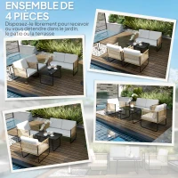 Outsunny Salon de jardin 4 pièces avec canapé 2 places, 2 fauteuils, 1 table basse en verre et coussins – crème blanc(m-4)