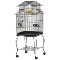 PawHut Gaiola para Pássaros com Rodas Bandeja Amovível Portas Comedouro Poleiro e Prateleira Inferior 50x49x137 cm Preto(m-11)
