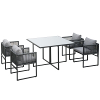 Set pentru gradina 5 bucati din ratan, 4 scaune pentru gradina cu perne si masa cu blat din sticla, negru si gri