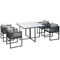 Set pentru gradina 5 bucati din ratan, 4 scaune pentru gradina cu perne si masa cu blat din sticla, negru si gri(m-1)