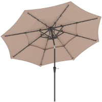 Outsunny 3-Tier Garden Parasol with Solar LED Lights, UPF 30+, Tilt Mechanism & Crank Handle, for Market Terrace, Khaki(m-11)