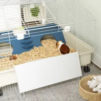 PawHut Cage pour petits animaux, balcon, rampe, mangeoire, bouteille d'eau, design à 2 étages, blanc(m-5)