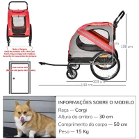 PawHut Reboque Bicicleta para Cães 2 em 1 com Porta Enrolável Janelas Cinto de Segurança e 6 Refletores 140x72,5x108 cm Vermelho(m-3)