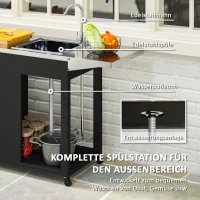 Outsunny Grillwagen Serveerwagen met Werkblad, Uitklapbare Zijplank, Kast, Spoelbak, Wielen, Roestvrij Staal 162,5x47x87cm Zwart(m-4)