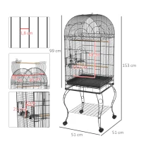 PawHut Gaiola para Pássaros com Rodas Bandeja Amovível Prateleira 2 Comedouros de Aço Inoxidável e Poleiro 51x51x153 cm Preto(m-3)