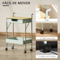 HOMCOM Carrinho Auxiliar com Rodas de 2 Níveis Carrinho de Cozinha com 1 Gaveta e 1 Cesto Carrinho Organizador 45x29,5x68 cm Verde Claro(m-5)
