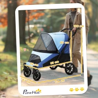 PawHut Carrinho para Cães Dobrável com Rodas Grandes Correias de Segurança Estrutura Amortecedora Almofada Lavável 124x67x100 cm Azul(m-3)