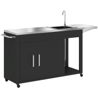 Outsunny Grillwagen Serveerwagen met Werkblad, Uitklapbare Zijplank, Kast, Spoelbak, Wielen, Roestvrij Staal 162,5x47x87cm Zwart
