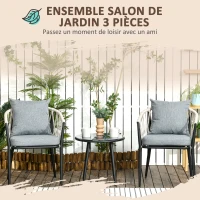 Outsunny Salon de jardin 2 personnes 3 pièces 2 fauteuils avec coussins table basse ronde plateau verre trempé corde tressée gris(m-4)