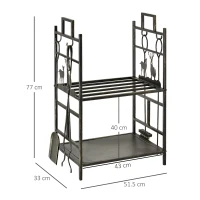 Outsunny Suport Lemne de Foc din Fier Forjat cu Instrumente pentru Semineu si Manere, Baza Suport Lemne Inaltata si Decorata, 51.5x33x77cm - Negru(m-3)