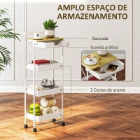 HOMCOM Carrinho Auxiliar com Rodas de 4 Níveis Carrinho de Cozinha com 1 Gaveta e 3 Cestos Carrinho Organizador 45x29,5x117,5 cm Branco(m-4)