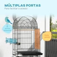 PawHut Gaiola para Pássaros com Rodas Bandeja Amovível Prateleira 2 Comedouros de Aço Inoxidável e Poleiro 51x51x153 cm Preto(m-4)