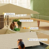PawHut Gaiola para Animais Pequenos com Parque Desmontável Gaiola para Roedores com Rodas Rampas Bebedouro e Dispensador de Feno 108x71x57 cm Bege(m-5)