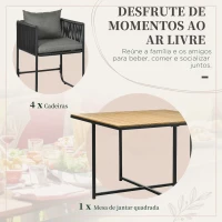 Outsunny Conjunto de Jardim de Vime Sintético 5 Peças com Mesa Quadrada e 4 Cadeiras Almofadas Preto e Madeira(m-4)