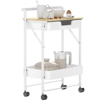 HOMCOM Carrinho Auxiliar com Rodas de 2 Níveis Carrinho de Cozinha com 1 Gaveta e 1 Cesto Carrinho Organizador 45x29,5x68 cm Branco(m-10)