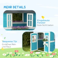 Outsunny Kinderspeelhuis, Houten Speelhuis voor Kinderen, Buitentuin Speelhuis met Ramen, Bloempotten, 3-8 Jaar, Blauw(m-7)