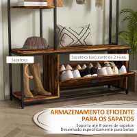 HOMCOM Móvel Cabide de Entrada com Sapateira Móvel de Entrada com Banco Prateleiras e Ganchos  120x35x180 cm Marrom Escuro(m-6)