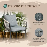 Outsunny Salon de jardin 2 personnes 3 pièces 2 fauteuils avec coussins table basse ronde plateau verre trempé corde tressée gris(m-7)