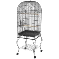 PawHut Gaiola para Pássaros com Rodas Bandeja Amovível Prateleira 2 Comedouros de Aço Inoxidável e Poleiro 51x51x153 cm Preto(m-11)