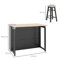 HOMCOM Ensemble de bar 3 pièces, Table de bar avec plateau pliable, 2 tabourets de bar, 6 compartiments de rangement, noir+chêne, 116 x 70 x 89,5 cm(m-3)