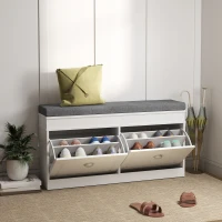 HOMCOM Shoe Storage Bench with Flip Drawers, Shoe Cabinet with Seat Cushion and Adjustable Shelf for Hallway, Entryway, Living Room, Bedroom, White(m-2)