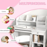 ZONEKIZ Escritorio y Silla para Niños con Almacenaje para Estudio Lectura y Juegos Mesa 90x45x90 cm y Silla 32x31,5x65 cm Blanco(m-5)