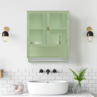 Dulap modern cu uși din sticlă, două niveluri de spațiu închis, raft deschis și suport pentru prosoape, 70x23x78 cm, Verde(m-4)