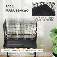 PawHut Gaiola para Pássaros com Divisória Rodas Gaiola para Aves com Comedouros Poleiros e Bandeja Removível 76x46x116 cm Preto(m-7)