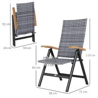 Outsunny Folding Rattan Garden Dining Chair with 5-level Reclining High Back, Wood Armrests for Outdoor, Patio - Light Grey(m-3)