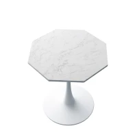 Mesa Moderna de Centro Octogonal con Tablero de MDF en Efecto Mármol y Base Metálica, 80x74x73 cm, Blanco(m-10)