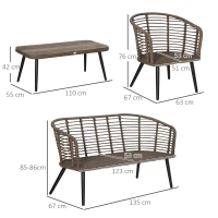 Outsunny Gartenmöbel-Set für 4 Personen, 1 Sofa, 2 Sessel. 1 Tisch, PE-Rattan, abnehmbare Polster, Braun+Grau(m-3)