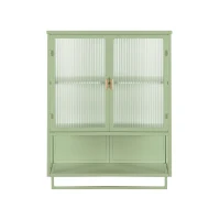 Armoire murale moderne avec portes en verre, deux niveaux de rangement fermé, avec étagère ouverte et porte-serviettes, 60×23×78 cm, Vert(m-10)