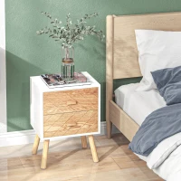 HOMCOM Bedside Table Set of 2, Modern Bedside Cabinets with Drawer and Pine Wood Legs, Nightstand for Bedroom, White and Natural(m-6)