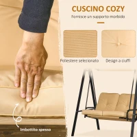 Outsunny Dondolo 2 Posti in Acciaio e tessuto Teslin con Tettuccio Regolabile e Cuscini, 138x106x174 cm, Beige(m-5)