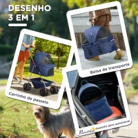 PawHut Carrinho para Cães Dobrável 3 em 1 Carrinho para Cães Miniatura com Cesta de Armazenamento Janela de Malha 76x50x102 cm Azul Escuro(m-4)