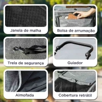 PawHut Carrinho para Cães Dobrável com Correia de Segurança Almofada Lavável e Janelas 80x48,5x106 cm Cinzento Claro(m-7)