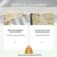 Outsunny Cama Rede de Jardim 200x100 cm Rede Suspensa com Travessas de Madeira para Pátio Varanda Campismo Creme e Cinza(m-5)