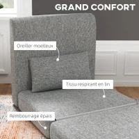 HOMCOM Fauteuil chauffeuse pliant 3 en 1 avec coussin, convertible, matelas dépliant pour invités, salon, bureau, gris(m-5)