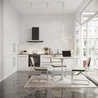 Table à manger ronde moderne, quatre plateaux en patchwork, base en métal, 120×120×75 cm, Blanc(m-5)