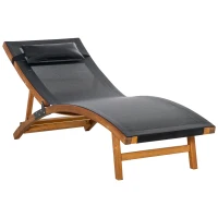 Outsunny Sonnenliege inklusive Kopfkissen, verstellbare Rückenlehne, wetterbeständig, Massivholz, Schwarz + Natur(m-11)