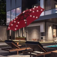 Outsunny Φ2.7m Garden 24 LED Light Parasol Solar Outdoor Tilt Sun Umbrella Patio Club Party Event Manual Sun Shade w/ Hand Crank and 8 Ribs, Red(m-15)