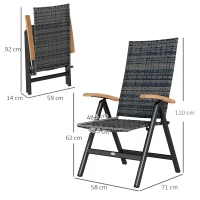 Outsunny 2 Pieces Folding Rattan Garden Dining Chairs with 5-level Reclining High Back, Wood Armrests for Outdoor - Mixed-grey(m-3)