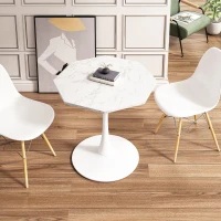 Mesa Moderna de Centro Octogonal con Tablero de MDF en Efecto Mármol y Base Metálica, 80x74x73 cm, Blanco(m-2)