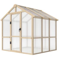 Outsunny 6.6 x 6ft Polycarbonate Greenhouse, Walk-in Wooden Greenhouse with Lockable Door and Window, Garden Plants Grow House, Brown(m-11)