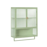 Dulap modern cu uși din sticlă, două niveluri de spațiu închis, raft deschis și suport pentru prosoape, 70x23x78 cm, Verde(m-1)
