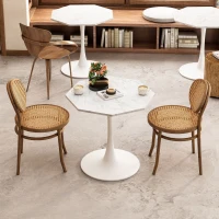 Mesa Moderna de Centro Octogonal con Tablero de MDF en Efecto Mármol y Base Metálica, 80x74x73 cm, Blanco(m-5)