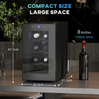 HOMCOM Mini Table Top Wine Fridge, 8 Bottle, 17L, 8-18℃, 26.5cm Quiet Under Counter Wine Cooler Fridge with Glass Door, LED Light, Digital Touch Screen, Temperature Control(m-3)