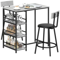 HOMCOM Conjunto de Mesa de Bar con 2 Taburetes Estantes Laterales Asiento Acolchado y Barra para Descanso de Pies Gris Oscuro(m-1)